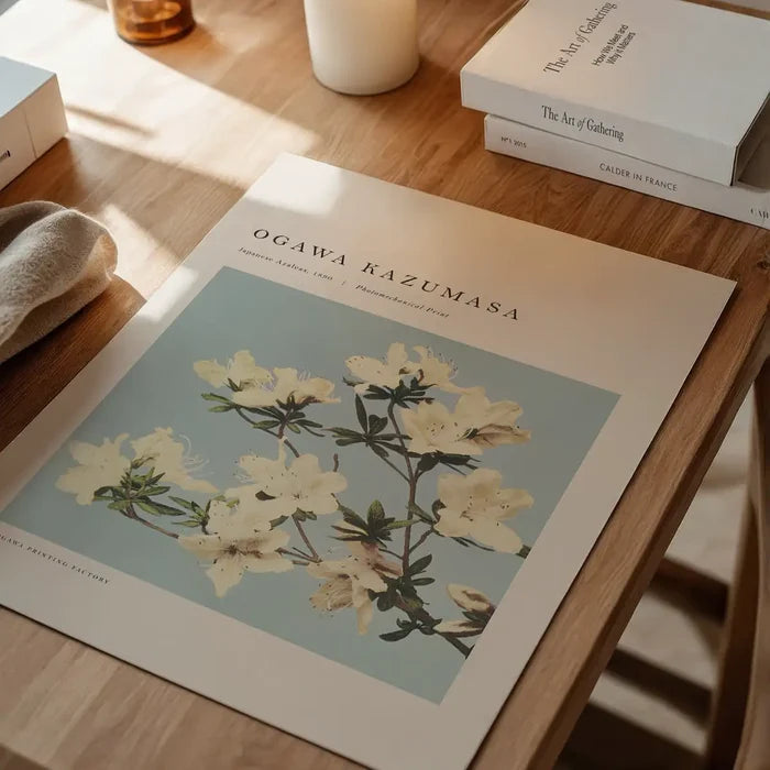 Japense Azaleas Ogawa Kazumasa Flowers Print, Japanese woodblock print unframed on a home office desk