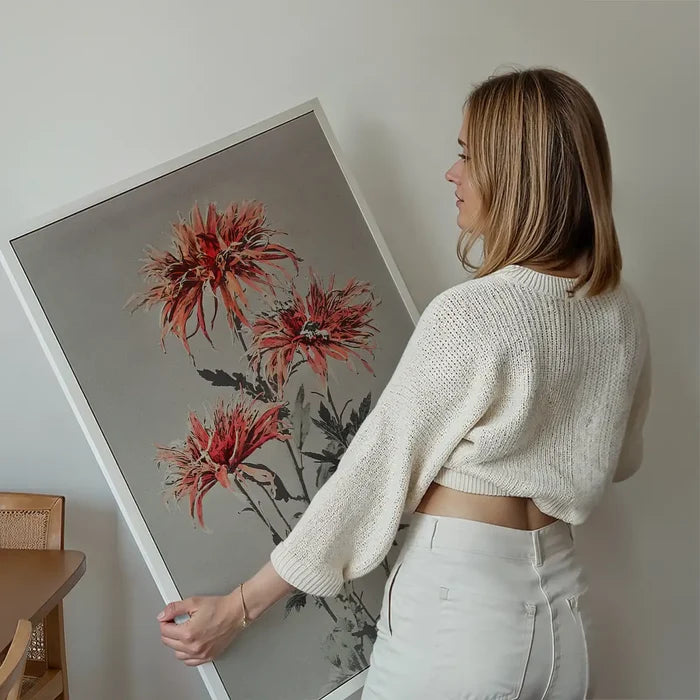 Kin-shi-shi Ogawa Kazumasa Flowers Print held up against a living room wall
