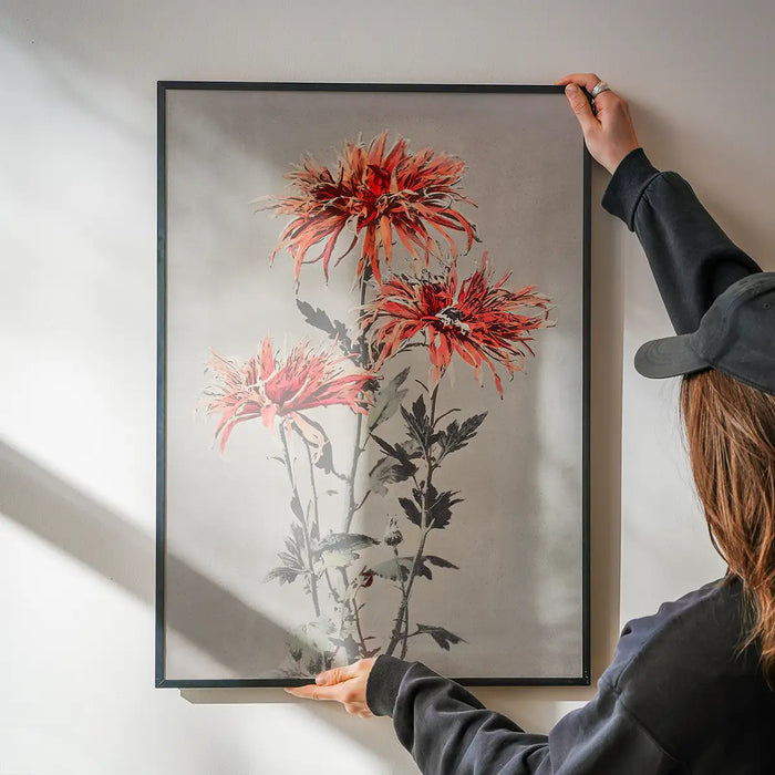 Kin-shi-shi Ogawa Kazumasa Flowers Print being hung on a wall in a black frame