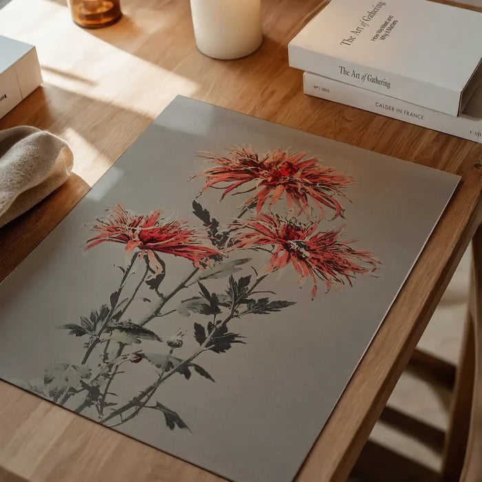 Kin-shi-shi Ogawa Kazumasa Flowers Print, Japanese woodblock print unframed on a home office desk