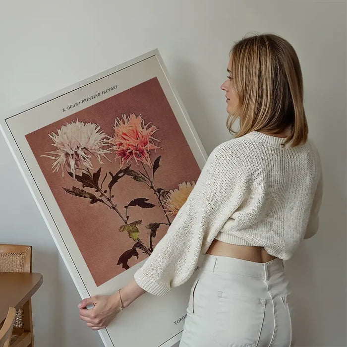 Kin-sui-ro Ogawa Kazumasa Japanese Flowers Print held up against a living room wall