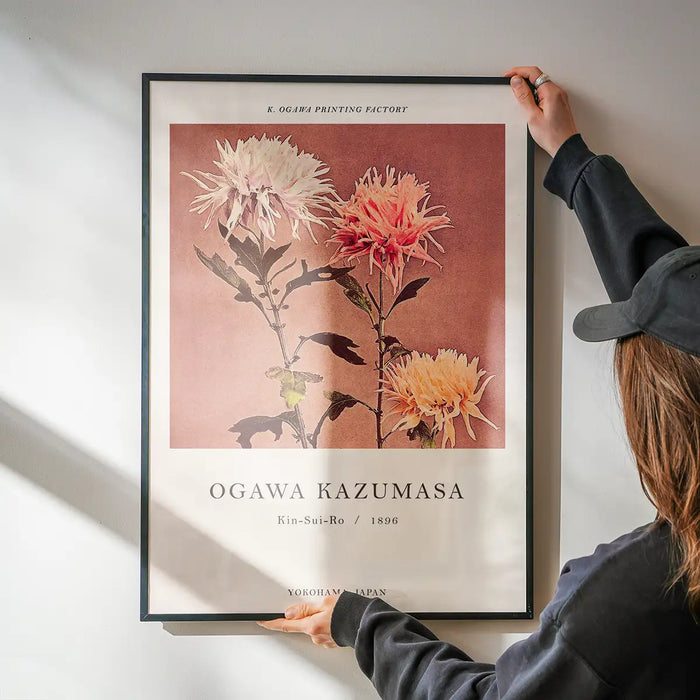 Kin-sui-ro Ogawa Kazumasa Japanese Flowers Print being hung on a wall in a black frame