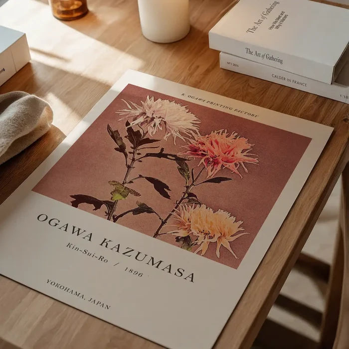 Kin-sui-ro Ogawa Kazumasa Japanese Flowers Print, Japanese woodblock print unframed on a home office desk