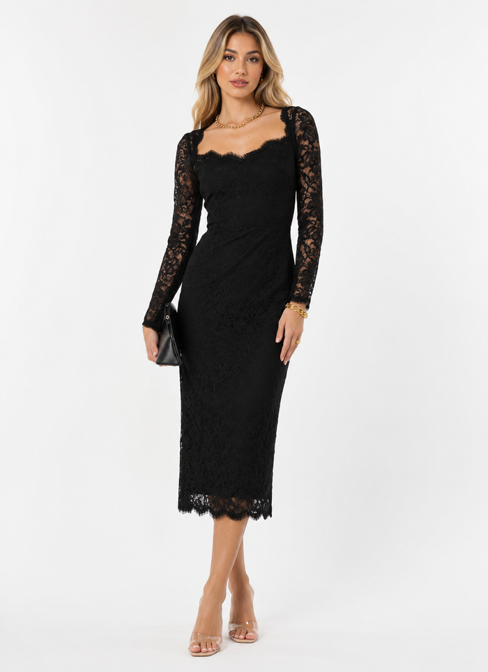 Lace Square-Neck Midi Dress – Noir