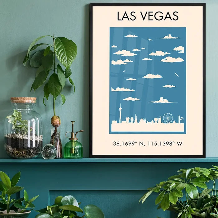 Las Vegas Tourist Style Print black framed on a living room shelf