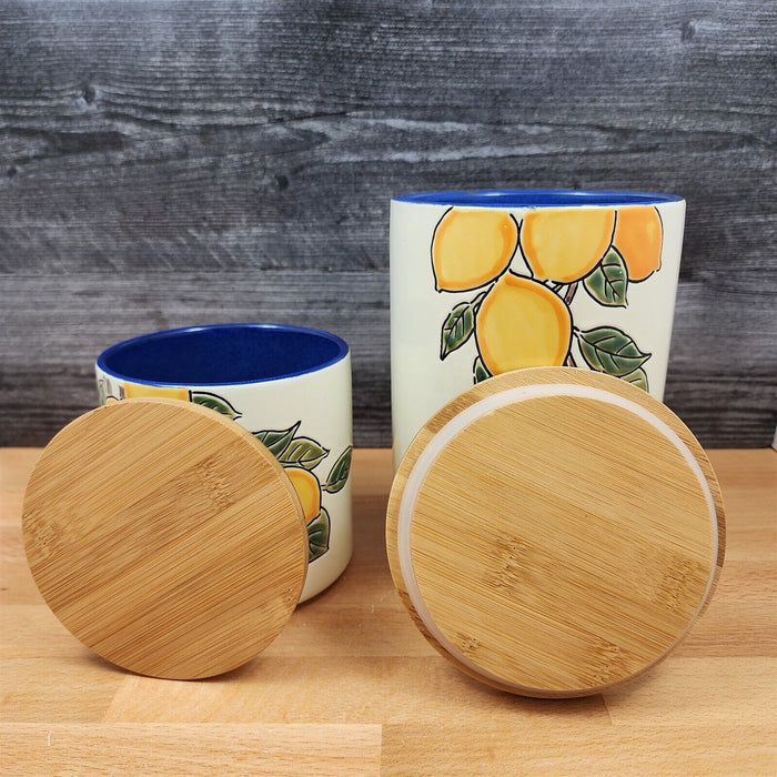 Lemon Bloom Fruit Canister Embossed Set by Blue Sky 4" & 7" Kitchen Home Décor