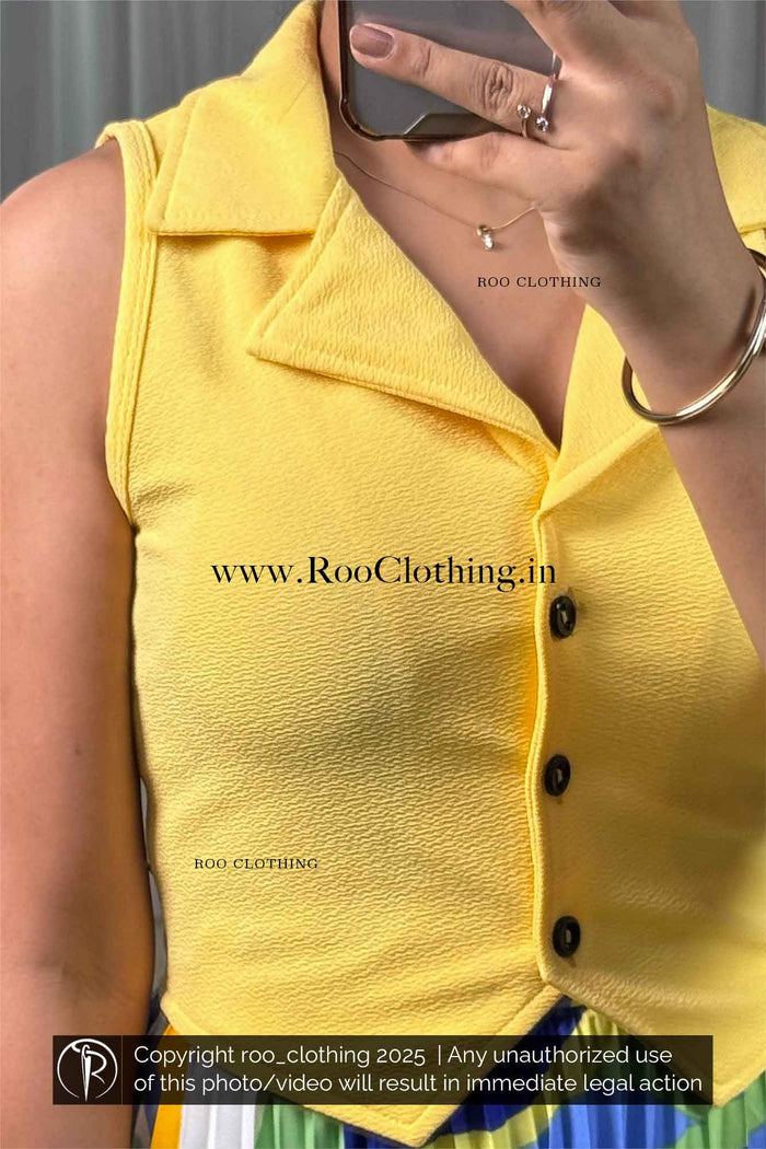 Lemon Yellow Sleeveless Notch Collared Button-Up Crop Top