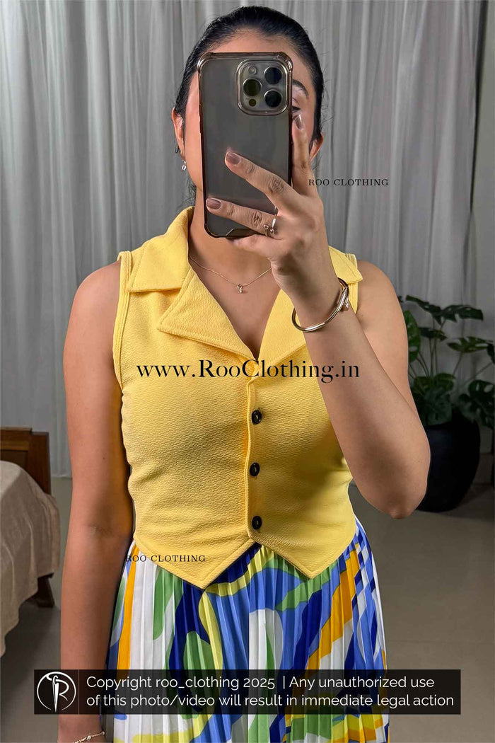 Lemon Yellow Sleeveless Notch Collared Button-Up Crop Top