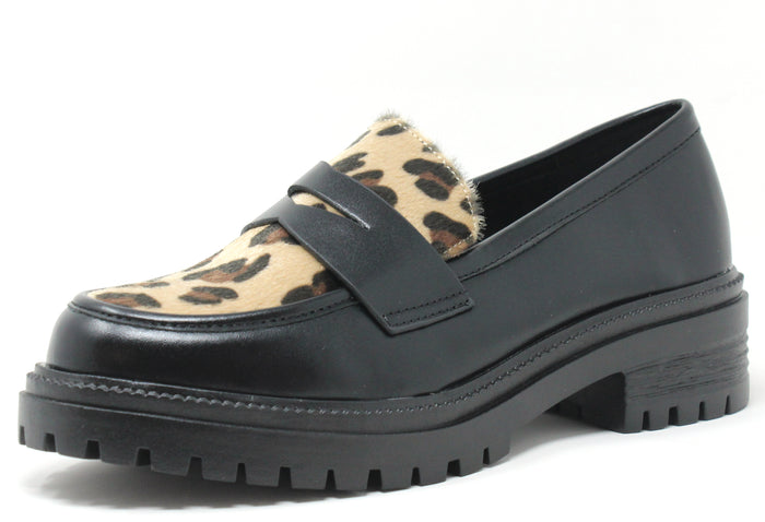 A black and leopard print faux fur front loafer with a round toe and a 4cm block heel, on a white background.