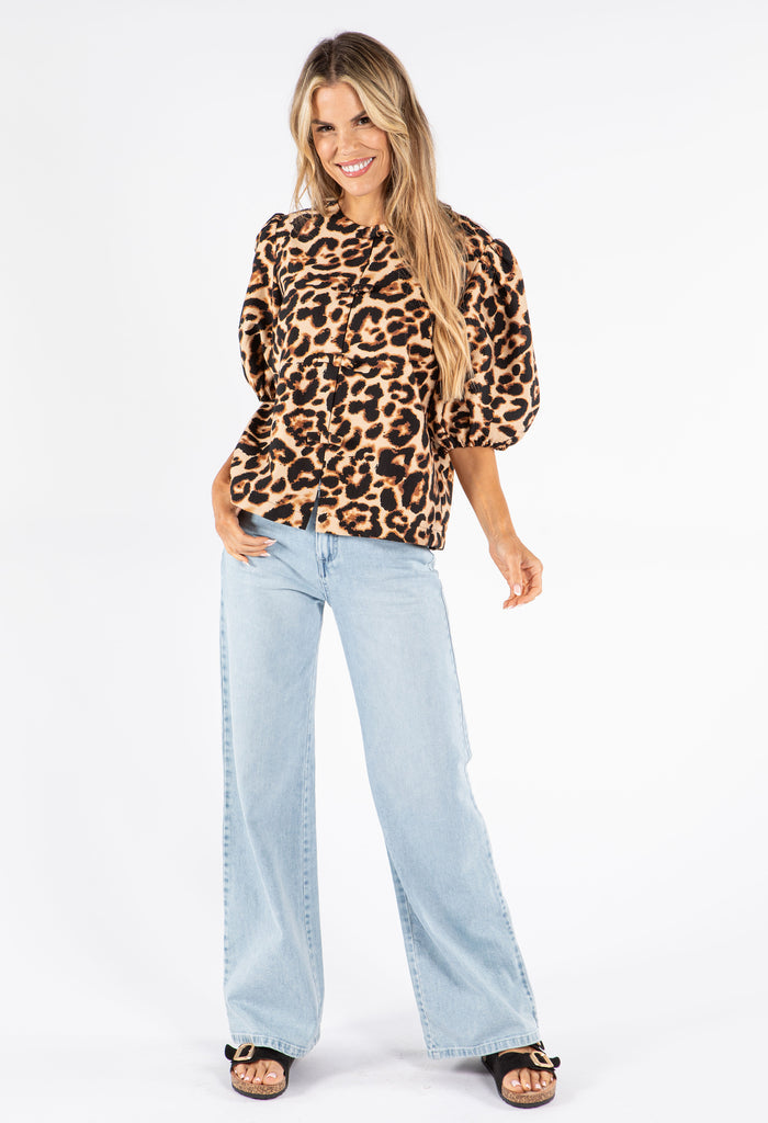 Leopard Print Puff Sleeve Blouse