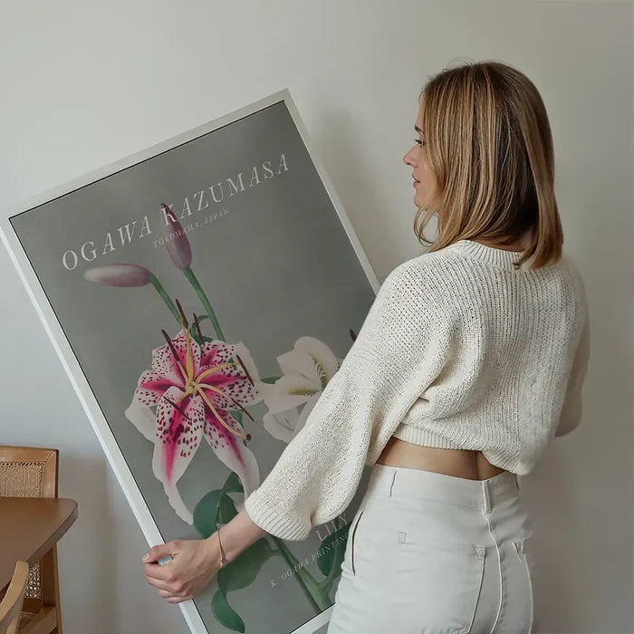 Lily 3 Ogawa Kazumasa Flowers Print held up against a living room wall