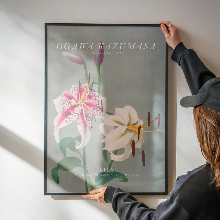 Lily 3 Ogawa Kazumasa Flowers Print being hung on a wall in a black frame