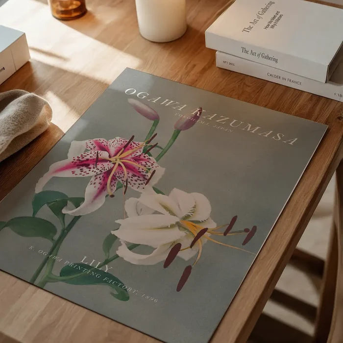 Lily 3 Ogawa Kazumasa Flowers Print, Japanese woodblock print unframed on a home office desk