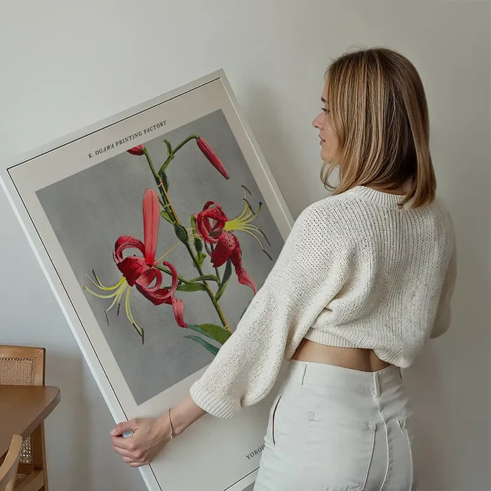 Lily Ogawa Kazumasa Flowers Print held up against a living room wall