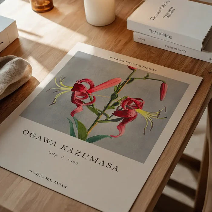 Lily Ogawa Kazumasa Flowers Print, Japanese woodblock print unframed on a home office desk
