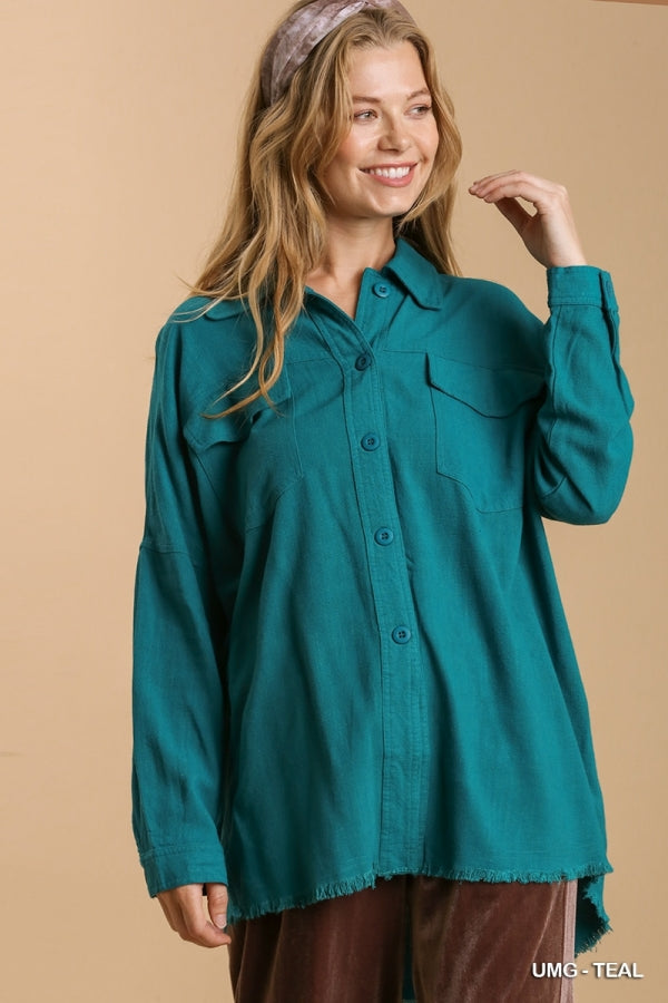 Linen Blend Collared Button Down L/S