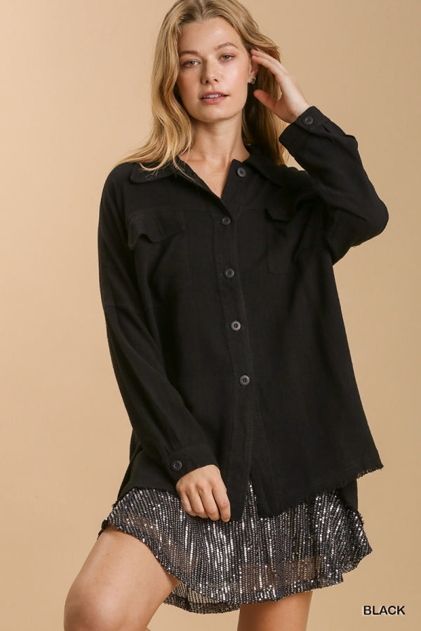 Linen Blend Collared Button Down L/S