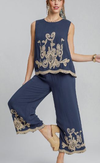 Linen Blend Embroidered Pants (2 Colors)