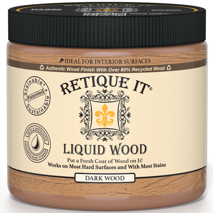 Retique It Liquid Wood Dark interior paint applied to a wall, showcasing a rich, wood-like finish for interior decor.