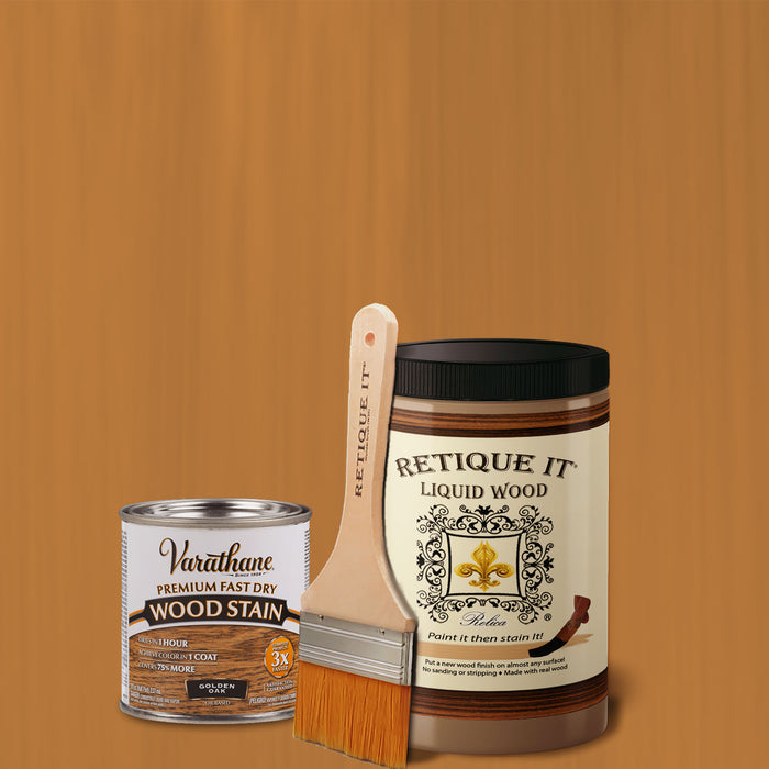 Retique It Liquid Wood Kit with Golden Oak oil-based stain, showing a brushed wood surface with rich, warm wood tones.