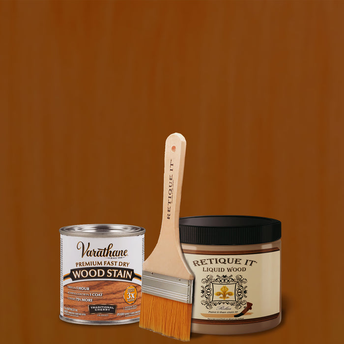 Retique It Liquid Wood Kit with traditional cherry oil-based stain, featuring a brushed application and wood surface.