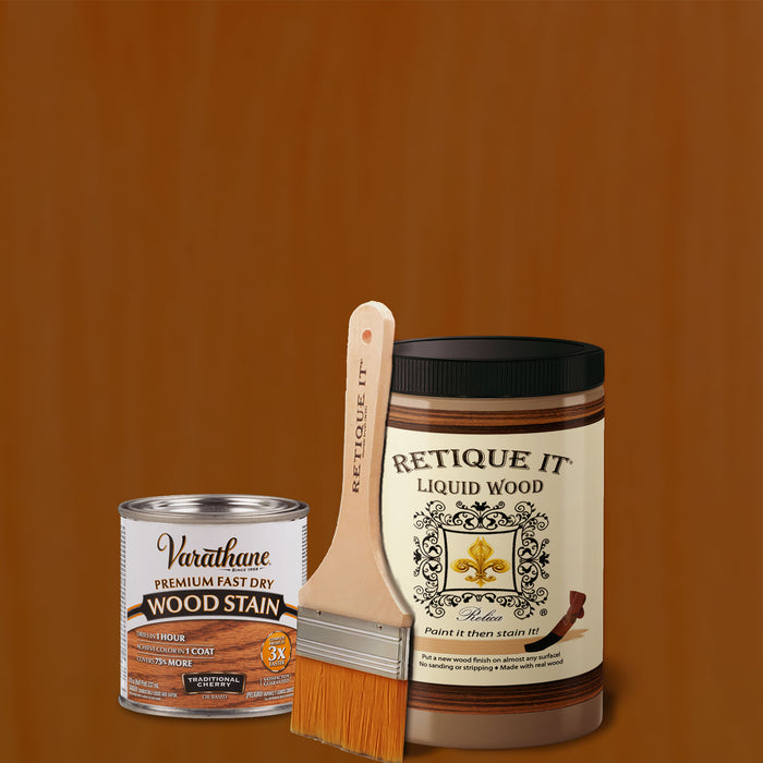 Retique It Liquid Wood Kit with traditional cherry oil-based stain, featuring a brush and wood sample for staining projects.