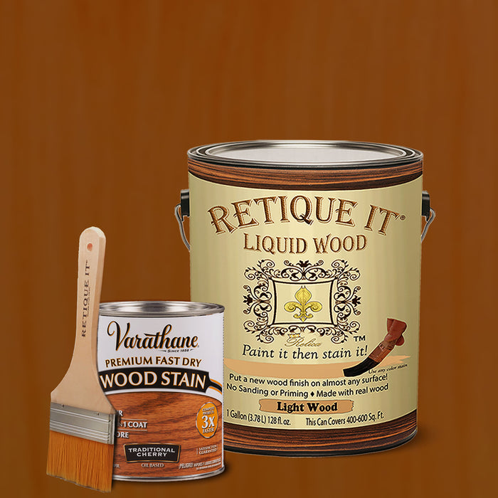 Retique It Liquid Wood Kit with traditional cherry oil-based stain, showing a brushed wood surface in the image.