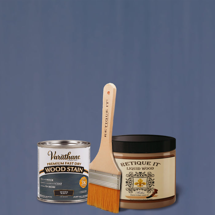 Retique It Liquid Wood Kit with Worn Navy oil-based stain, showing brushed wood surface with deep navy color and wood grain details.