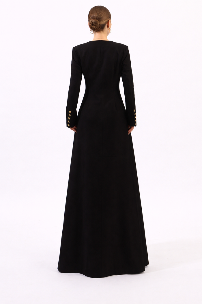long-sleeve button-front maxi dress with ornate embellishments – REGALIA