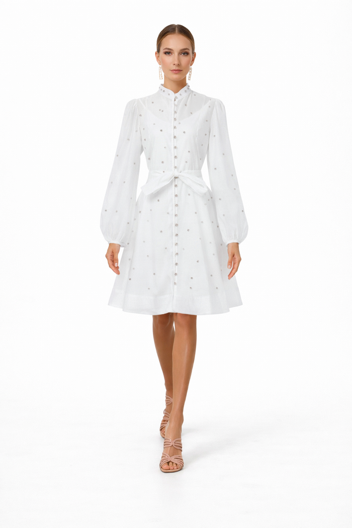 long-sleeve chiffon shirt dress with waist tie – AURORA