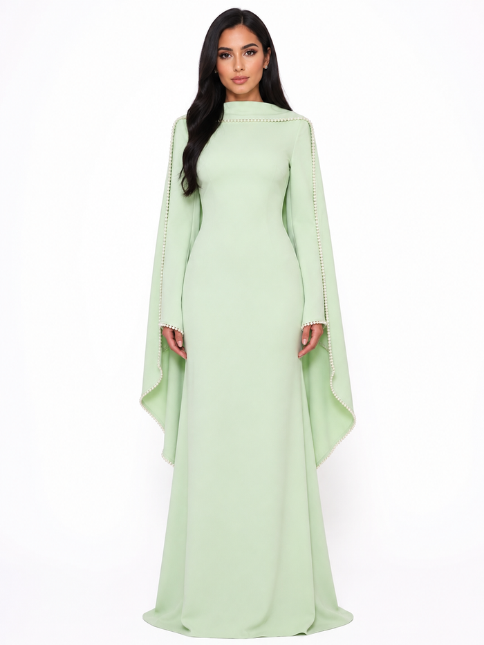 Long-Sleeve Column Dress with Pearl-Trimmed Cape Detail – SAGE