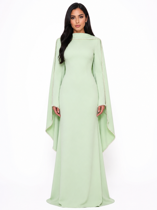 Long-Sleeve Column Dress with Pearl-Trimmed Cape Detail – SAGE