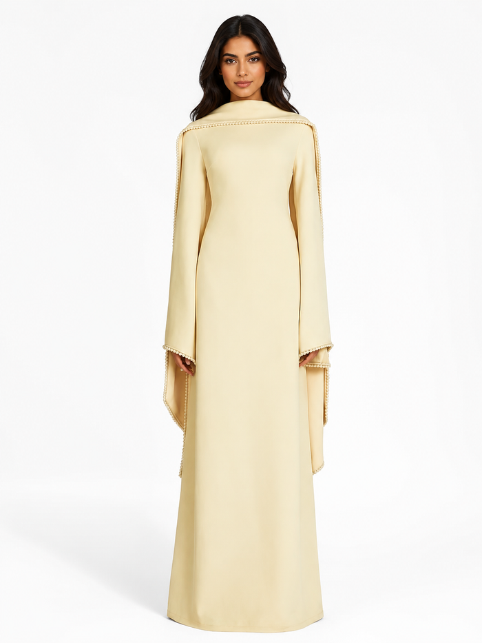 Long-Sleeve Column Dress with Pearl-Trimmed Cape Detail – SAGE