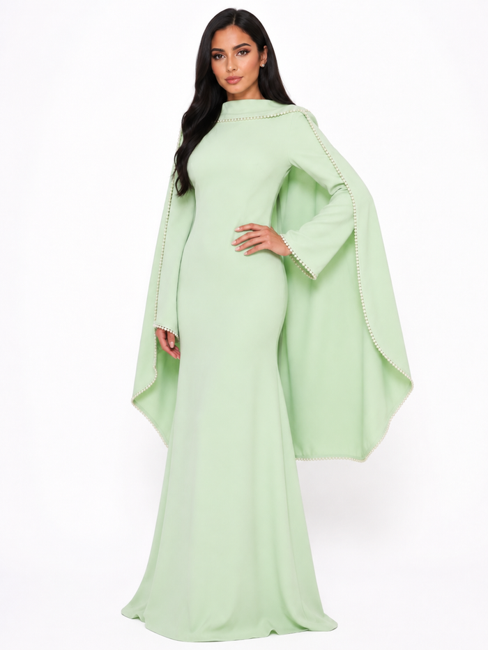 Long-Sleeve Column Dress with Pearl-Trimmed Cape Detail – SAGE