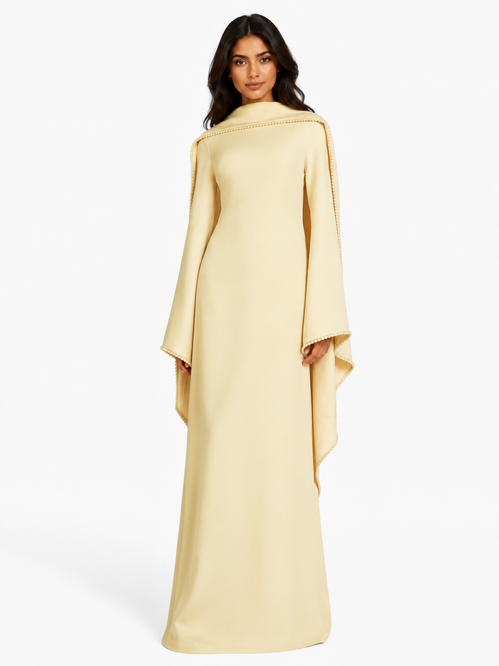 Long-Sleeve Column Dress with Pearl-Trimmed Cape Detail – SAGE