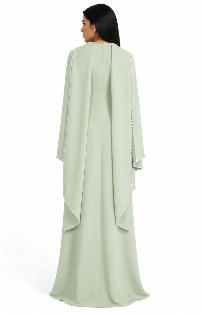 Long-Sleeve Column Dress with Pearl-Trimmed Cape Detail – SAGE