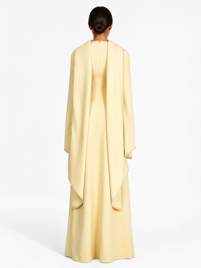 Long-Sleeve Column Dress with Pearl-Trimmed Cape Detail – SAGE