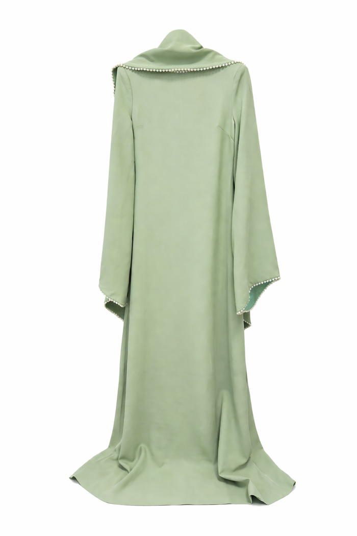 Long-Sleeve Column Dress with Pearl-Trimmed Cape Detail – SAGE