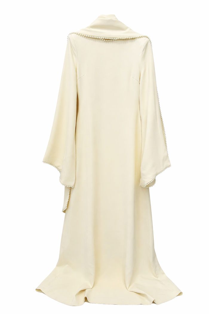 Long-Sleeve Column Dress with Pearl-Trimmed Cape Detail – SAGE