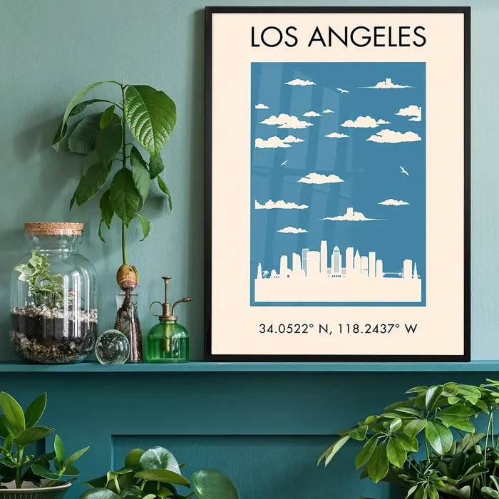 Los Angeles Tourist Style Print black framed on a living room shelf