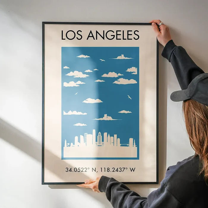 Los Angeles Tourist Style Print being hung on a wall in a black frame