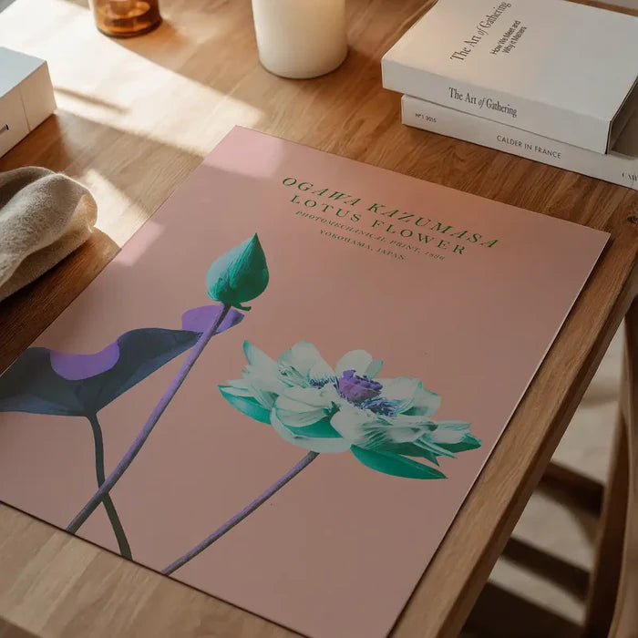 Lotus Flower Inverted Ogawa Kazumasa Flowers Print, Japanese woodblock print unframed on a home office desk