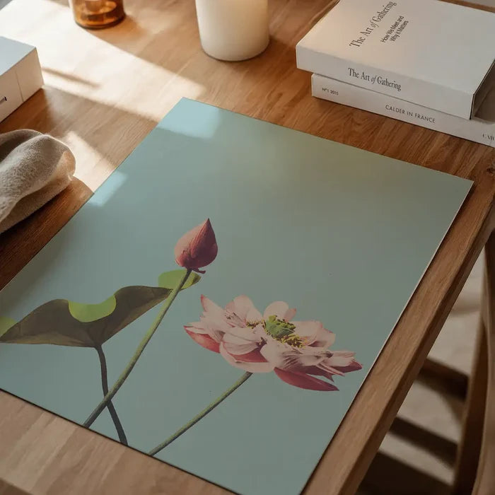 Lotus Flower Ogawa Kazumasa Flowers Print, Japanese woodblock print unframed on a home office desk