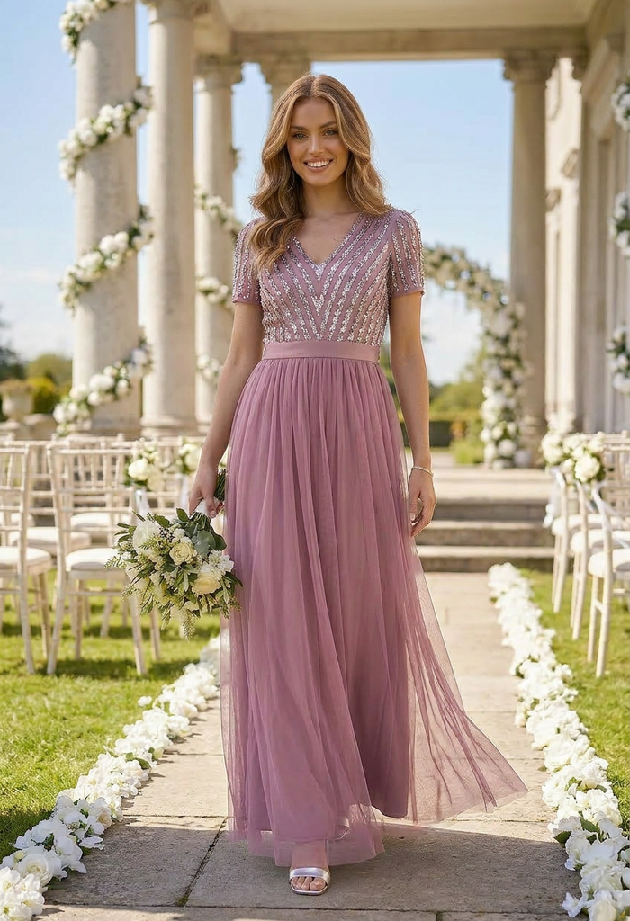 Lotus Pink V NECK SEQUIN AND TULLE DRESS WITH TIE WAIST