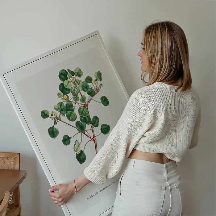 Manchineel Berry Botanical Print held up against a living room wall