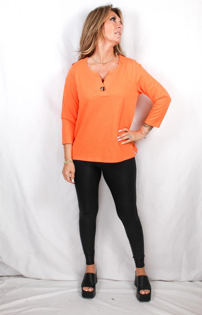 Mandarin - 1 Button 3/4 Sleeve Split Neck Tee