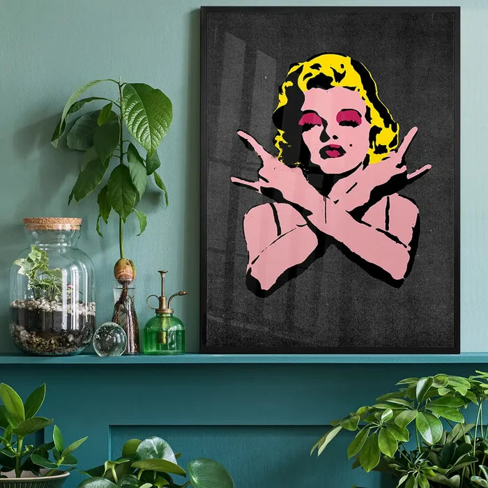 Marilyn Monroe Rock N Roll Stencil Art Graffiti Black Print black framed on a living room shelf