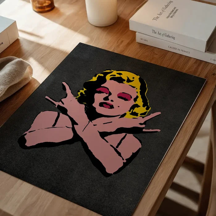 Marilyn Monroe Rock N Roll Stencil Art Graffiti Black Print unframed on a home office desk