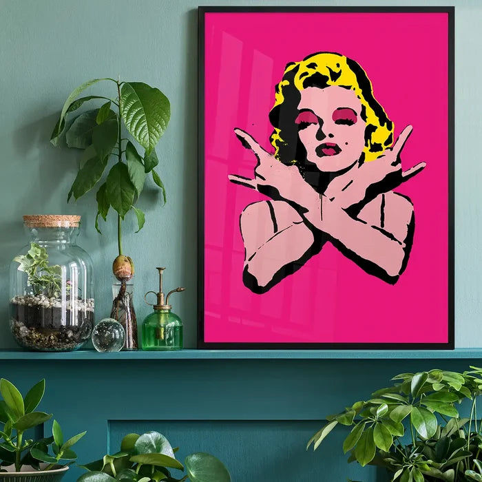 Marilyn Monroe Rock N Roll Stencil Art Graffiti Print black framed on a living room shelf