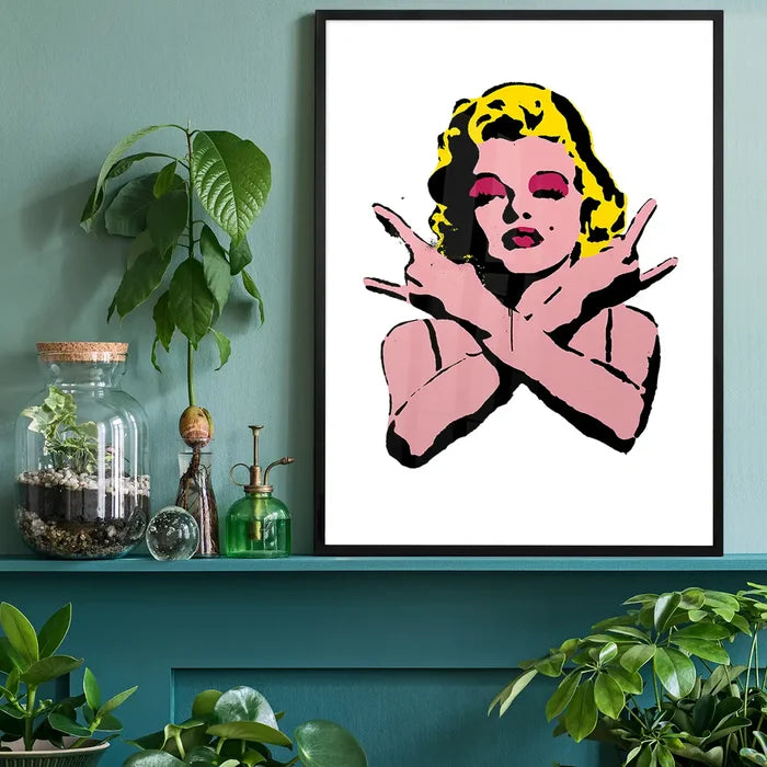 Marilyn Monroe Rock N Roll Stencil Art Graffiti White Print black framed on a living room shelf